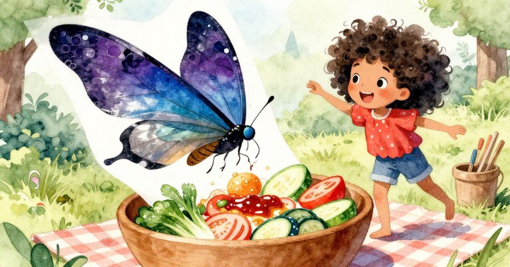 濕潤的彩頁如彩虹蝴蝶般飄落到Leah的木碗上，顏色與沙拉醬交融，展現驚喜與好奇的瞬間。