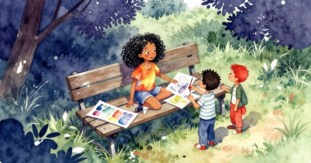 從樹上俯視，野餐長椅上散落水彩畫，Leah與Felix與大自然和畫作互動，畫面充滿自然光影與寧靜氣息。