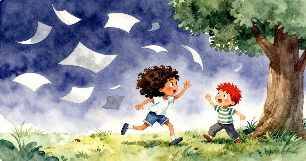 狂風中空白的頁面飛舞，Leah與Felix面露緊張與堅定的神情，周圍草地與樹木襯托出動感場景。