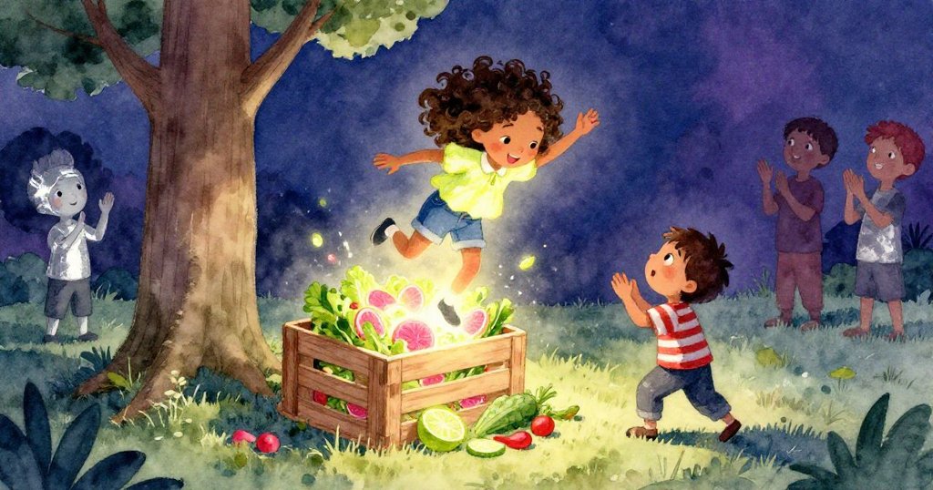 在樹旁倒置的木箱上，Leah呈上光彩閃耀的沙拉，畫面中粉紅與青檸色交織，藝術家們鼓掌慶賀這創意奇蹟。