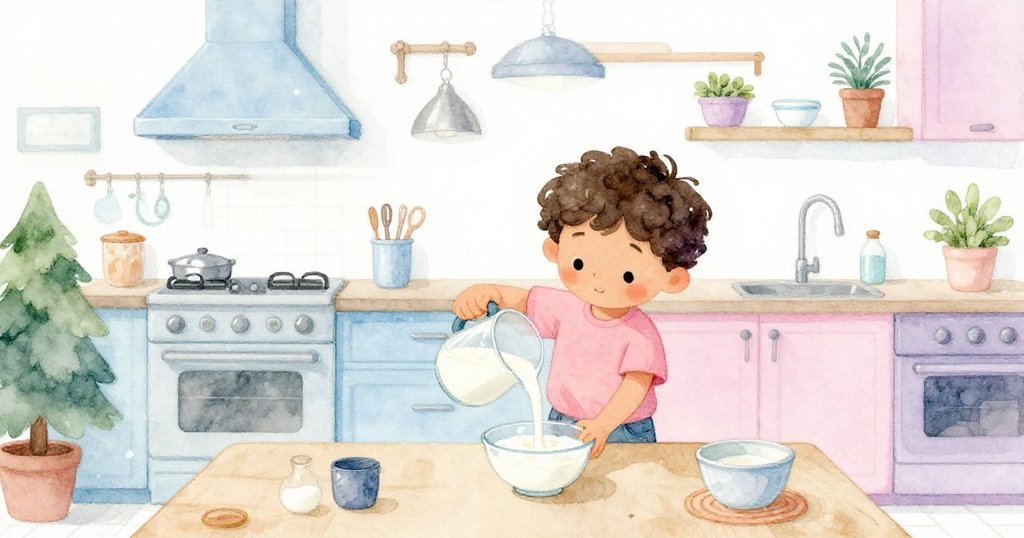 班恩在明亮溫暖的廚房中倒牛奶與酸奶，環境充滿各種細緻生動的細節，展現故事開始的歡樂氛圍。