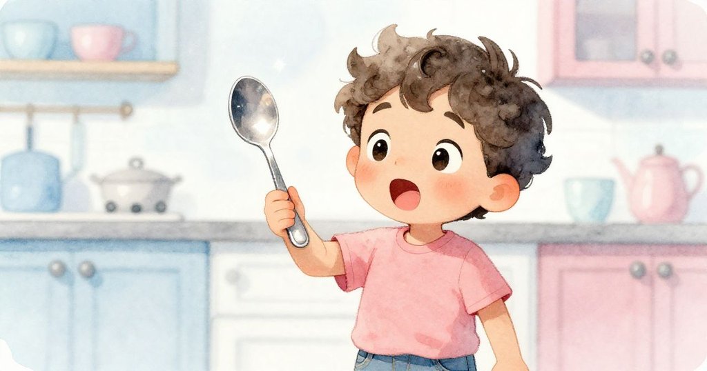 班恩專注而驚喜地舉著閃耀著光芒的銀湯匙，臉上洋溢著期待與快樂，背景暗示溫馨廚房氣氛。