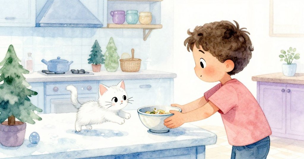 從班恩肩後視角看見奇奇正急切地跳向放牛奶酸奶的碗邊，場景動感且充滿溫馨家庭氣氛。