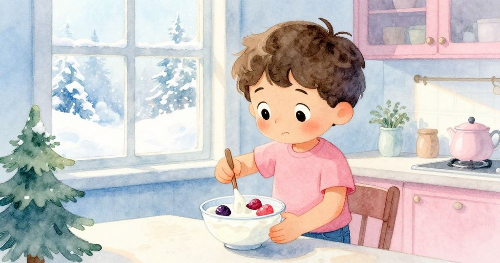 班恩在櫥櫃前攪拌水果酸奶，窗外冬日柔光灑進廚房，場景溫馨寧靜，充滿季節氣息。