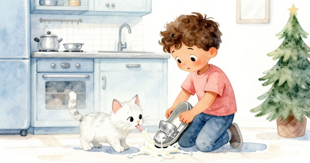 班恩整理後的廚房恢復整潔，奇奇輕舔鞋上酸奶痕跡，場景充滿溫馨告別的靜謐感。