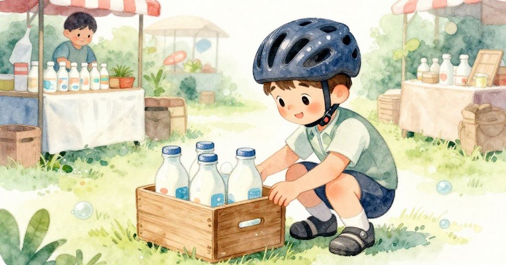 湯姆蹲下細心檢查木箱內的牛奶瓶，臉上流露出擔憂與責任感，背景隱約透出市場一角。