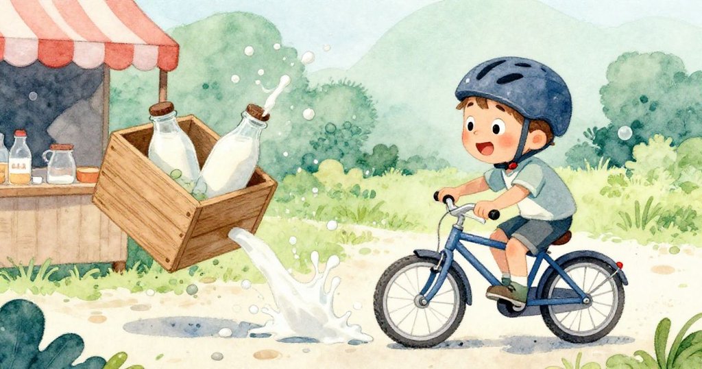 湯姆驚愕之際，石子滑入車輪使木箱傾斜，牛奶瓶碰撞飛濺牛奶在市場攤位旁瞬間定格，充滿緊張氣氛。