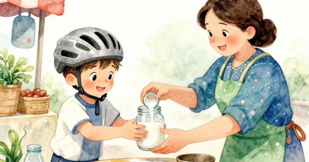 在隱蔽市集角落，溫柔女販伸手遞出空罐，湯姆專注倒入滴落牛奶，兩人流露出關懷與互助的溫情。