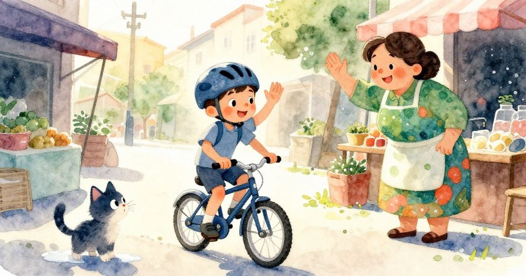 湯姆滿臉喜悅揮手向女販道謝，騎車奔向河街咖啡館，小貓好奇踩步觀察牛奶水跡，畫面充滿慶祝氣氛。