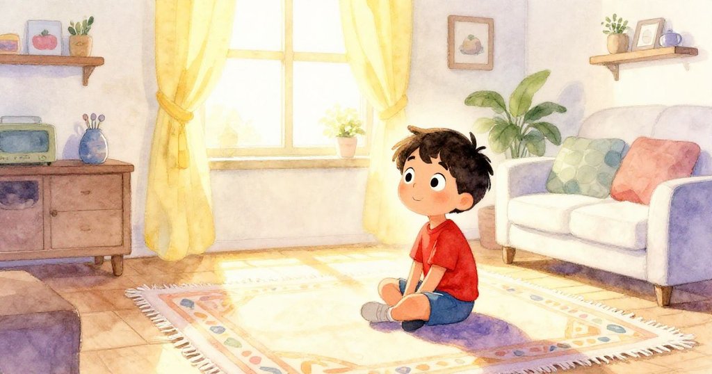 Ben 坐在溫馨房間地毯上, 輕柔剪影映襯陽光, 充滿期待與冒險感, 室內有溫暖家庭元素與柔和光影。