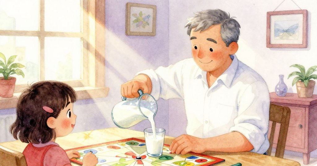 叔叔在明亮陽光中倒牛奶, 冷牛奶在玻璃中流出呈現閃耀效果, 房間質感豐富, 充滿關愛與細膩光影。