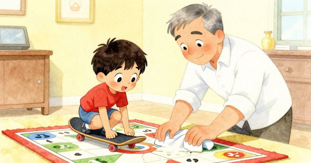 Ben 與叔叔齊心協力, Ben 推回棋盤遊戲, 叔叔用布清理溢出牛奶, 彼此笑容溫暖展現家庭合作。