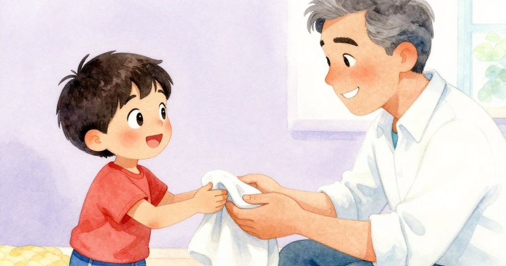 叔叔輕輕將布遞給Ben, 近距離特寫雙手交流, 面帶溫柔笑容, 棋盤靜置背景表現家庭冷靜與情感連結。