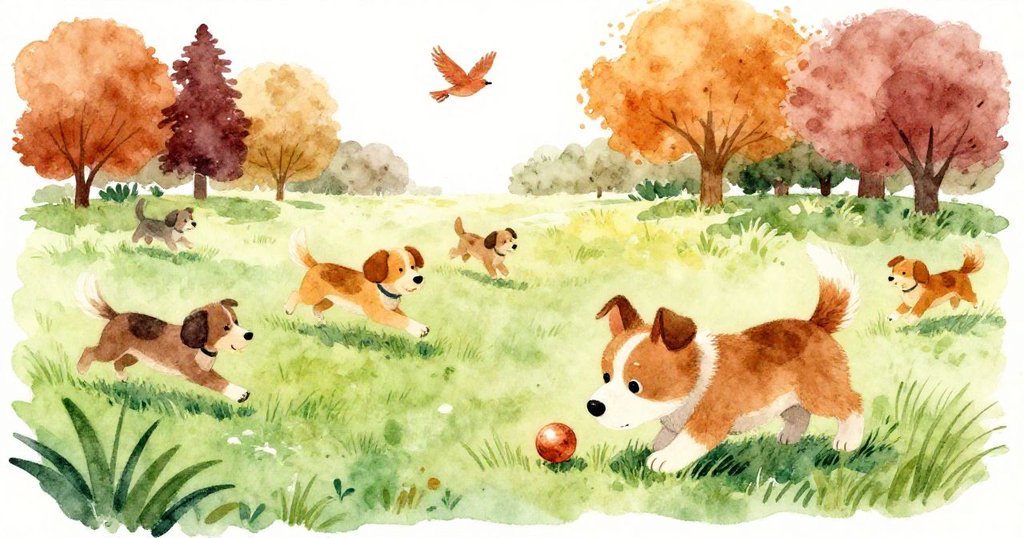 小狗在陽光普照的公園中活潑探索，周圍有追球的狗和飛舞的小鳥，背景草地綠意盎然，氣氛溫暖愉快。