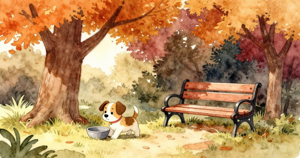 小狗走進樹蔭下安靜的公園角落，靠近長椅邊上的碗，環境寧靜溫馨，充滿好奇探索。