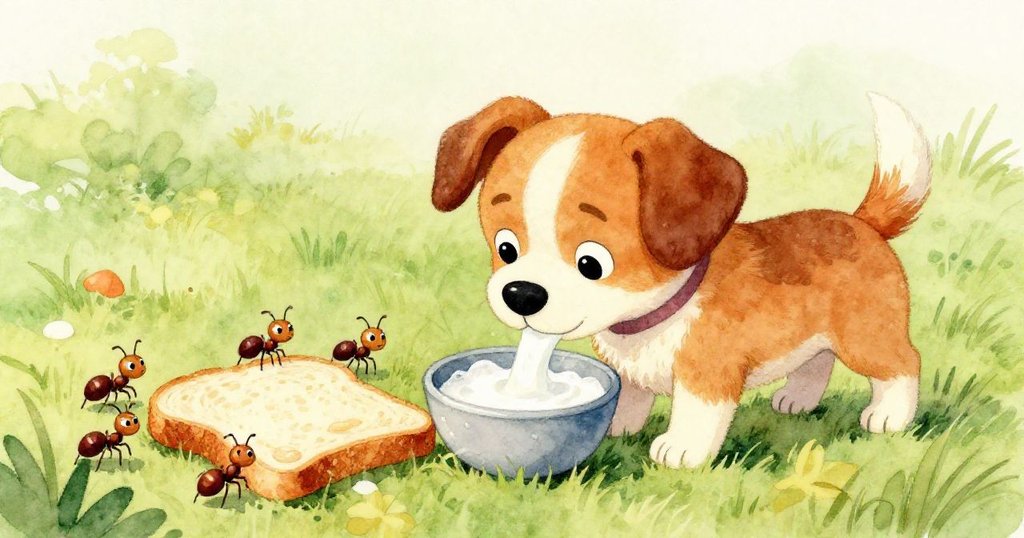 小狗活潑地舔著碗中泡沫牛奶，蚂蚁忙著圍繞麵包互相穿梭，現場充滿歡樂互動。