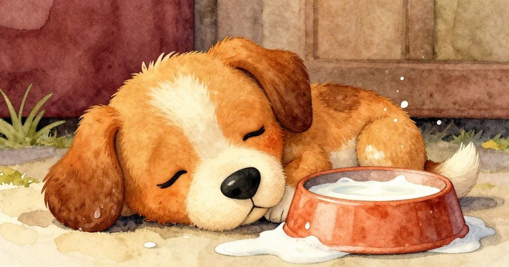 小狗靜靜地靠近碗邊休息，毛皮上點綴著牛奶滴，滿懷寧靜與滿足，結束了活潑的一天。