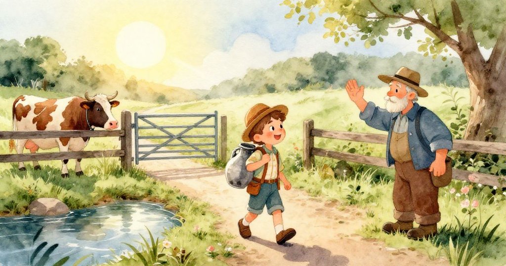 本恩握持牛奶罐，細膩泡沫在罐緣旋轉，展現農村靜謐細節與溫馨情感。