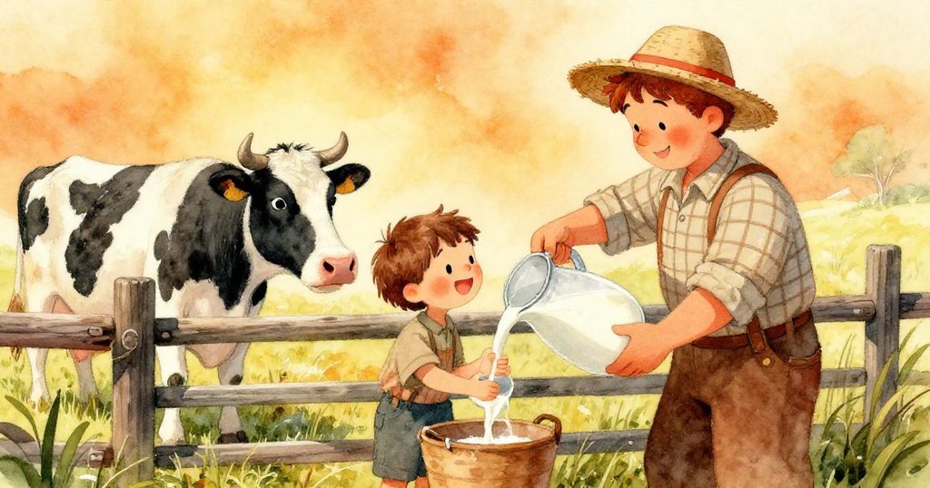本恩從背後望去，看見農夫在木柵欄前倒牛奶，奶牛靜待，呈現溫馨田園風光。