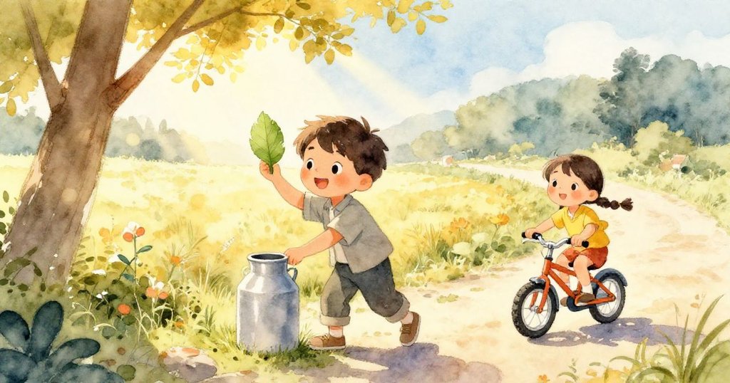 本恩在晨光中迅速用大葉蓋住牛奶罐，莉莉騎車在旁讚賞，展現創意與清晨夢幻氛圍。