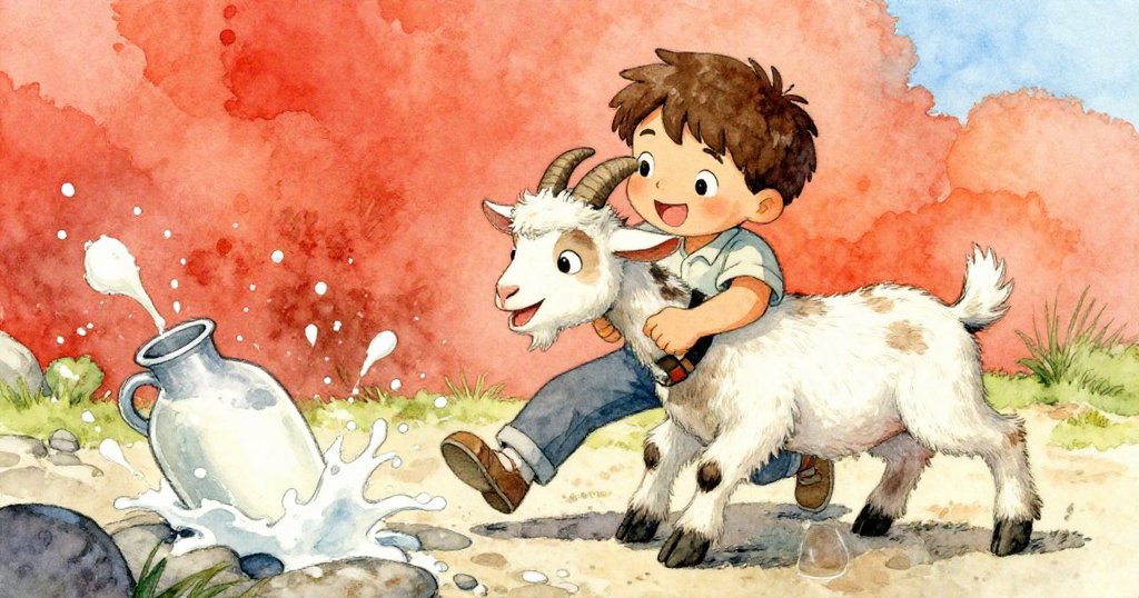 本恩急忙躲避淘氣山羊，手中牛奶罐劇烈晃動，牛奶濺落石上，展現緊張而活潑的瞬間。