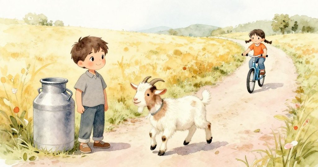 本恩在寧靜鄉村小徑上放鬆站立，牛奶穩妥無溢，山羊悠然漫步，莉莉遠騎而過，呈現平和完滿的結局。