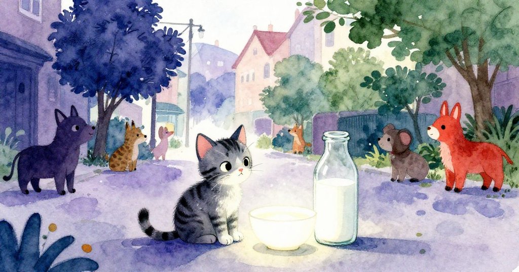 早晨涼爽街道上，Mimi坐在屋外，玻璃瓶旁白色碗發光，背景中有雀鳥和小動物，好奇與期待洋溢。