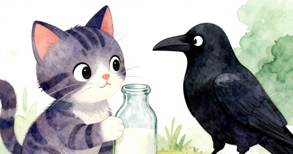 近拍顯示Mimi凝視著玻璃瓶，Shadow輕觸瓶蓋，Mimi滿臉好奇與驚喜，柔和光線襯托出早晨氣息。