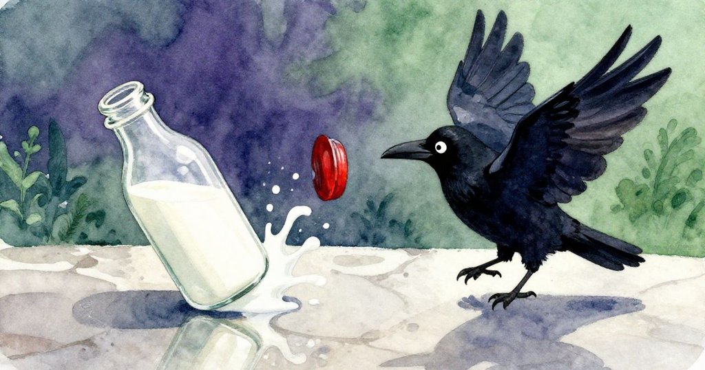 眾鳥驟動引起瓶子劇烈搖晃，瓶蓋彈出，牛奶濺起並在石面上反射出金屬光澤，緊湊情節掀起高潮。