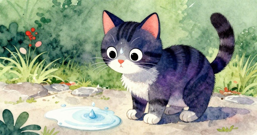 Mimi停下腳步，鼻尖沾有牛奶，凝視著剛形成的牛奶水灘，表情中透露出猶豫與溫柔決定。