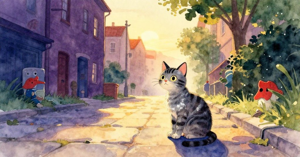 夕陽餘暉灑在靜謐街道上，Mimi安坐石徑，滿足舒心，環境暖色調與寧靜互補，故事徐徐落幕。