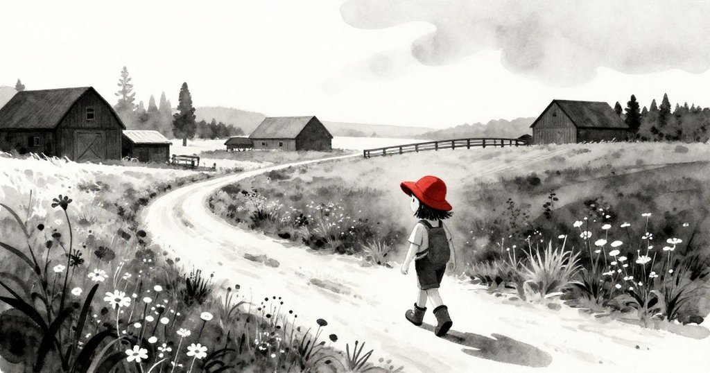 拉拉步行於鄉村小徑，晨光灑落在野花和穀倉間，神情期待與興奮，展開她的藝術之旅。