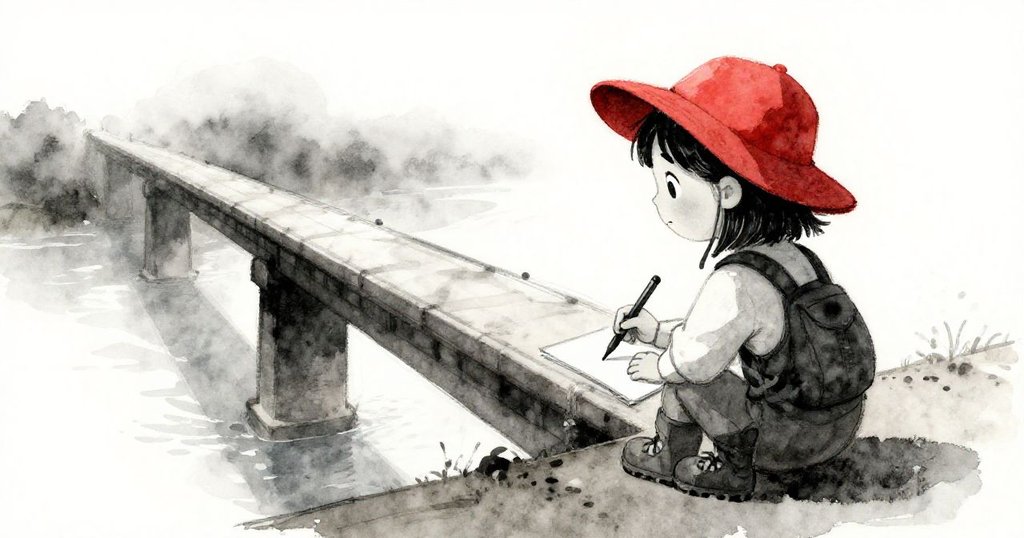從拉拉背後觀察，她低頭專心描繪橋樑，紅色帽沿映襯著紙上變幻的線條，流露出創作的專注與情感。