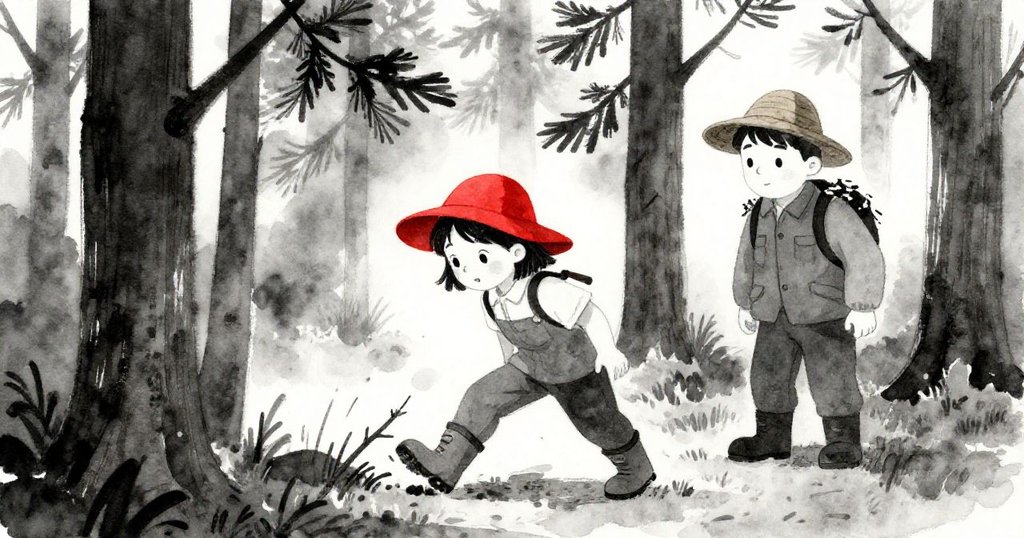 樵夫從松林走出，拉拉用靴子撥開鬆脫樹枝，兩人神情含默契，營造出一絲微妙懸疑氣氛。