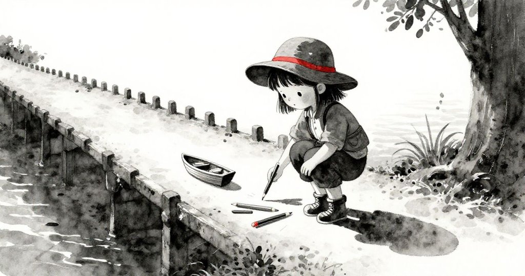 拉拉在橋旁彎腰拾起散落鉛筆，重新開始繪製小木舟，整個場景寧靜而充滿滿足感，故事完美收尾。
