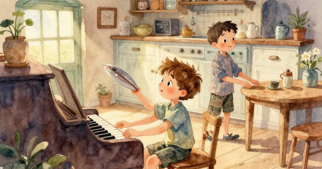 Lucas輕啟鋼琴蓋，伸出小手指輕觸琴鍵，光線柔和細節豐富，表現專注與期待。