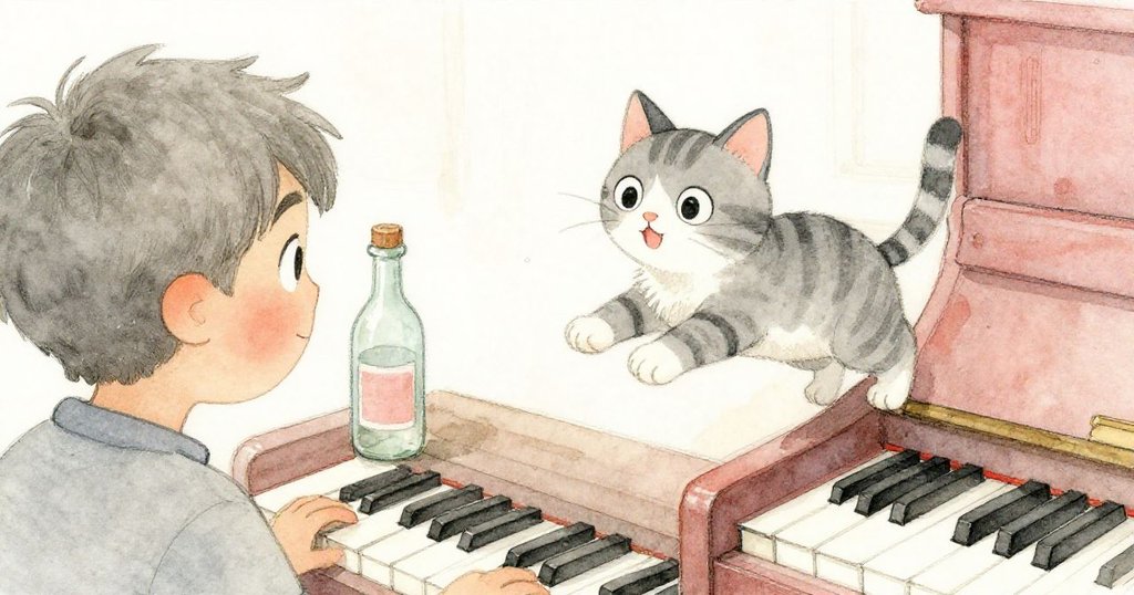 從Lucas背後看，淘氣貓跳上鋼琴隨意按鍵，玻璃碰撞聲起，Lucas神情驚訝。