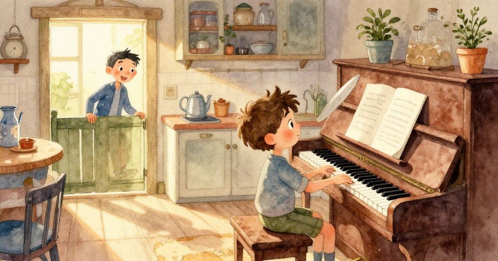 窗外晨光中鳥兒高歌，遠處緩行車輪點綴季節氣息，畫面自然寧靜。