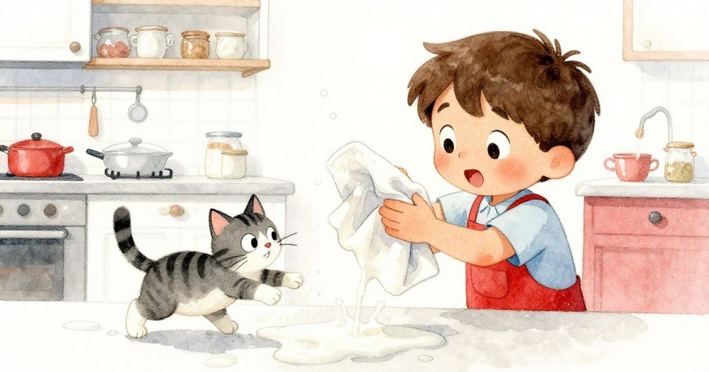 Lucas急忙用布擦拭濺出的牛奶，淘氣貓靈活避開揮動的手，生動動作溫馨互動。