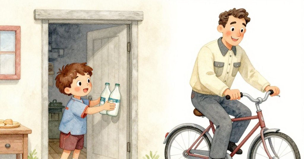 整理完畢後，Lucas在門旁放置新鮮瓶子，送奶員駛過微笑致意，整體畫面溫馨愉悅。