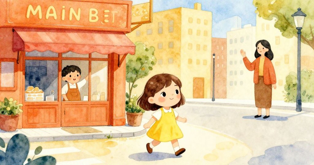 Mia在溫暖陽光下走進Main Street，手持麵包籃，背景有麵包師與揮手的女士，充滿期待與歡樂。