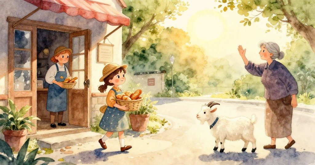 Mia的手輕觸麵包籃，細節展現小鈴鐺微閃，背景暖色調傳達細膩與神秘。