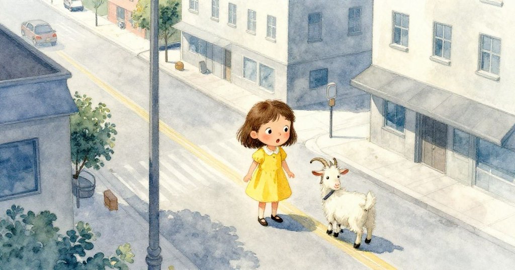 在Main Street上，Mia驚訝後退，一隻好奇山羊從高處俯視街道，現代都市背景中透露出輕微緊張。