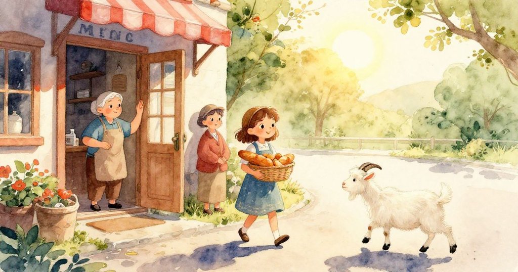 牛奶送貨員推著手推車在落葉飄散的Main Street上行進，山羊因鈴響轉向，秋日氛圍溫暖而生動。