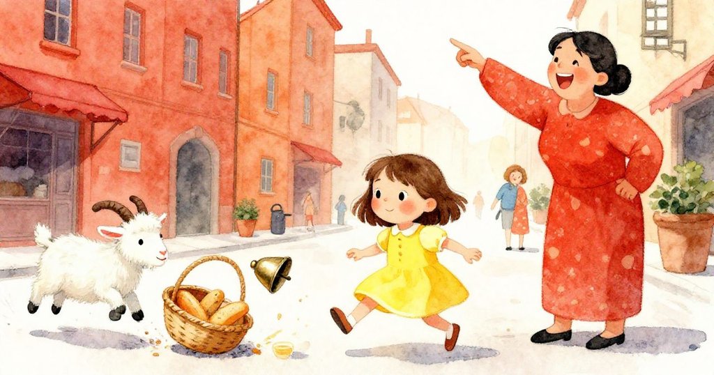 Mia的籃子搖晃掉出小鈴鐺，山羊迅速跳躍追趕，高挑女子笑著指點，都市街道呈現混亂歡樂瞬間。