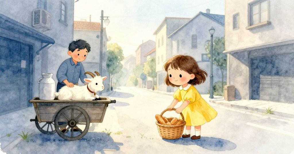 Mia穩住麵包籃，臉上安心微笑，山羊靜立手推車旁，Main Street在夕陽下恢復寧靜，和諧安定。