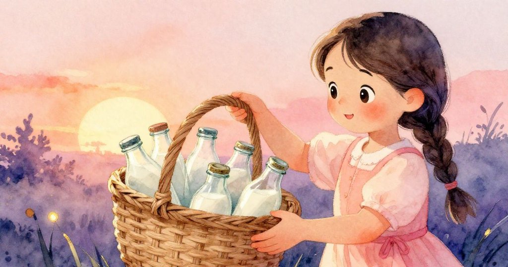 Lena輕輕提起編織籃,裡面放著發出清脆聲音的玻璃牛奶瓶,她溫柔專注,背景柔和展現家庭氛圍。