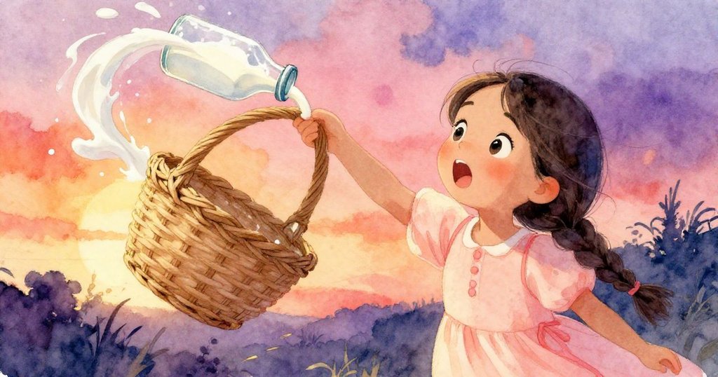 Lena驚訝地看著籃子突然斷把,玻璃牛奶瓶搖晃且牛奶旋渦,畫面角度錯落有致,充滿動感。