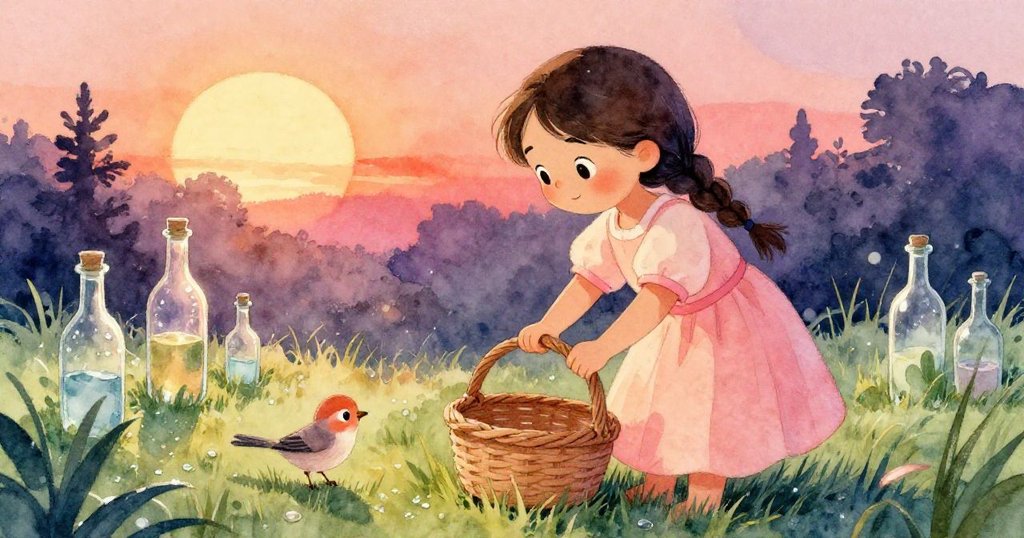 Lena溫柔地將籃子放在露水濕潤的草地上,玻璃牛奶瓶上映出閃亮的露珠,小鳥在旁邊活潑跳躍,充滿自然氣息。