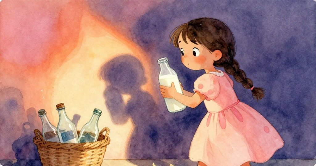 Lena驚慌中快步後退,緊握著一隻牛奶瓶,籃中其他瓶子顫抖,氣氛充滿懸疑與緊張感。